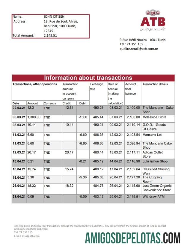 Tunisia ATB Excel Pdf amostra